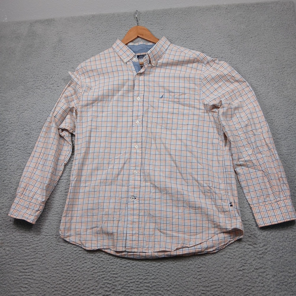 Nautica Shirt Mens Extra Large Orange‎ Blue Plaid Button Down Long Sleeve Casual